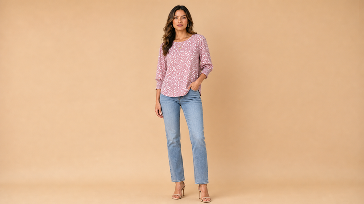 Pink White Dot Relaxed Three Quarter Sleeve Shirt Front View