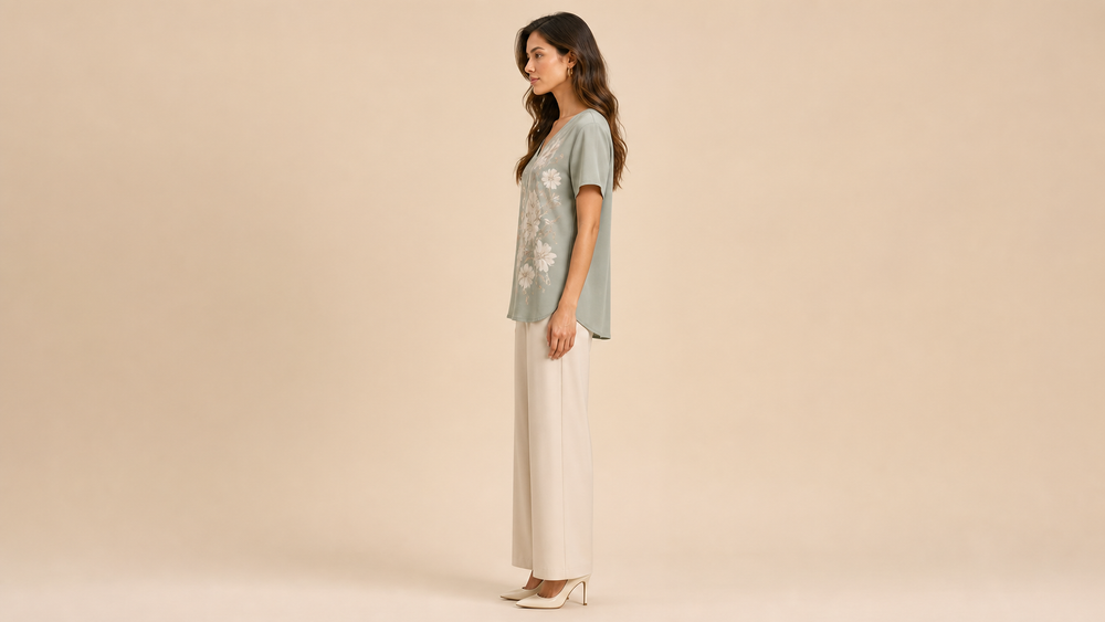Grey Green V-Neck Floral Short Sleeve Top Side View