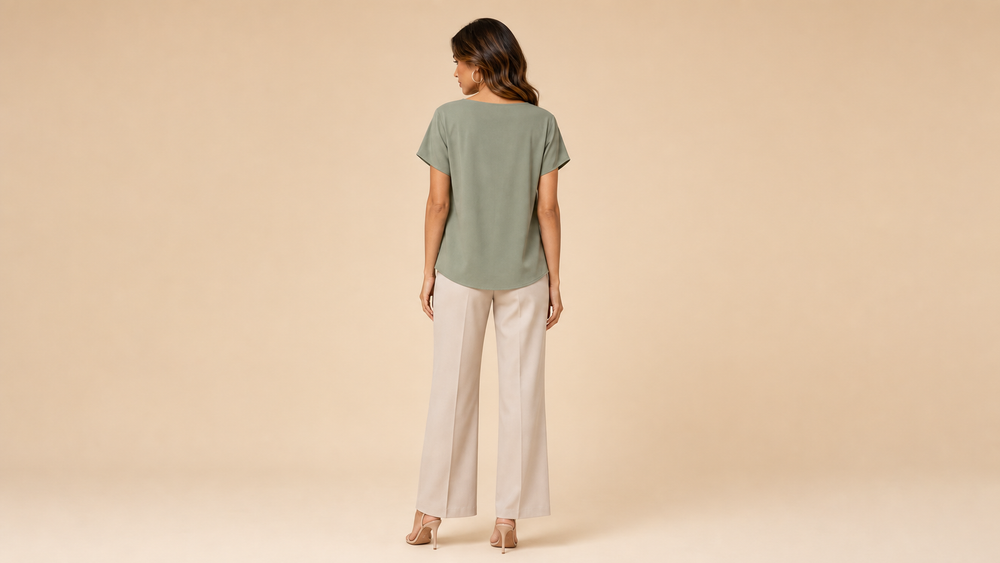 Grey Green V-Neck Floral Short Sleeve Top Back View
