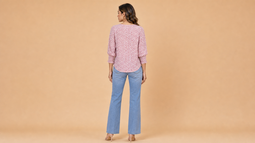 Pink White Dot Relaxed Three Quarter Sleeve Shirt Back View