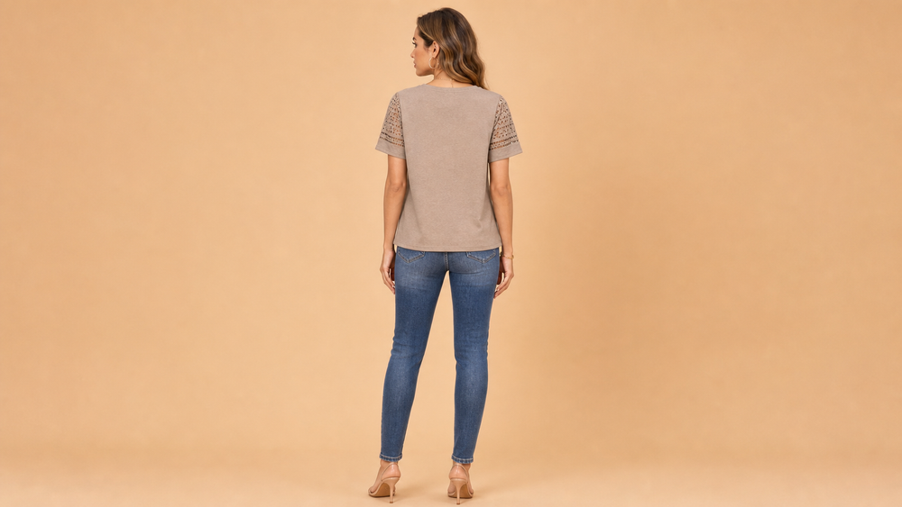 Khaki Lace Trim Short Sleeve Shirt Back View
