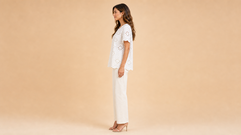 White Floral Eyelet Round Neck Top Side View