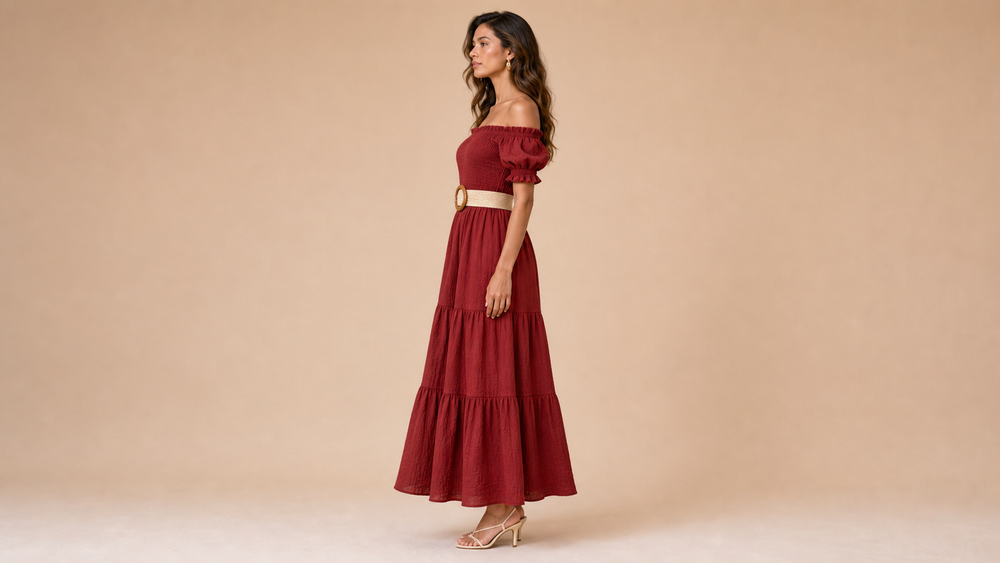 Wine Red Off Shoulder Belted Maxi Dress Side View
