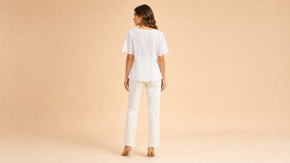 White Floral Eyelet Round Neck Top Back View
