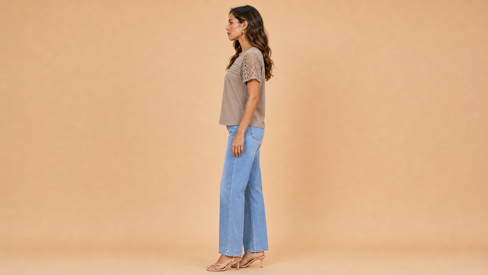 Khaki Lace Trim Short Sleeve Shirt Side View