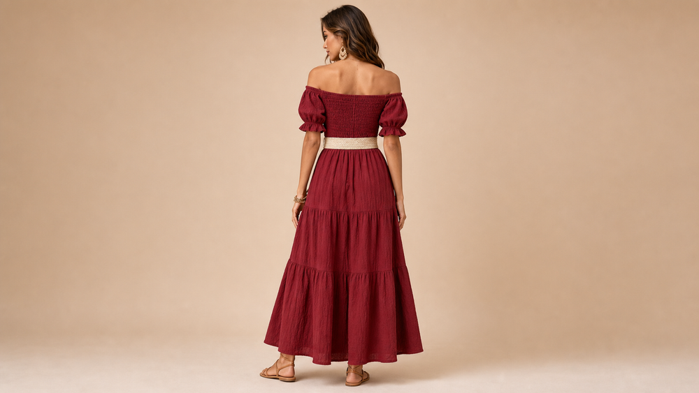 Wine Red Off Shoulder Belted Maxi Dress Back View