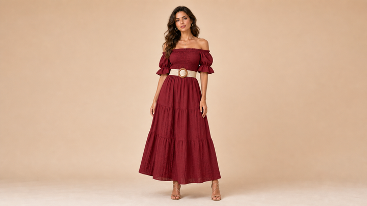 Wine Red Off Shoulder Belted Maxi Dress Front View