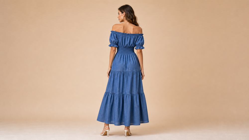 Blue Off Shoulder Smocked Layered Maxi Dress Back View