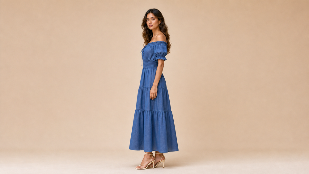 Blue Off Shoulder Smocked Layered Maxi Dress Side View