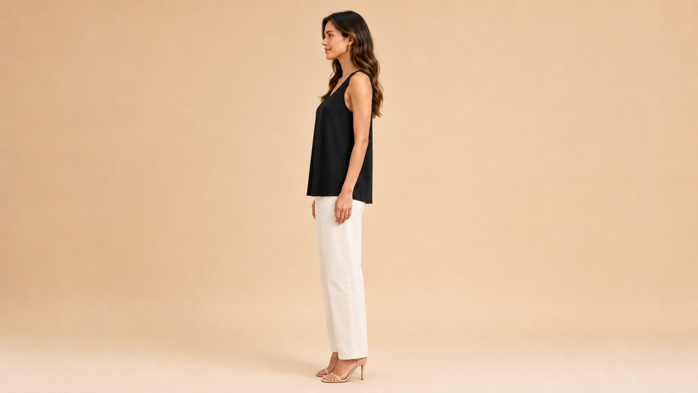 Black Sleeveless Round Neck Loose Tank Top Side View