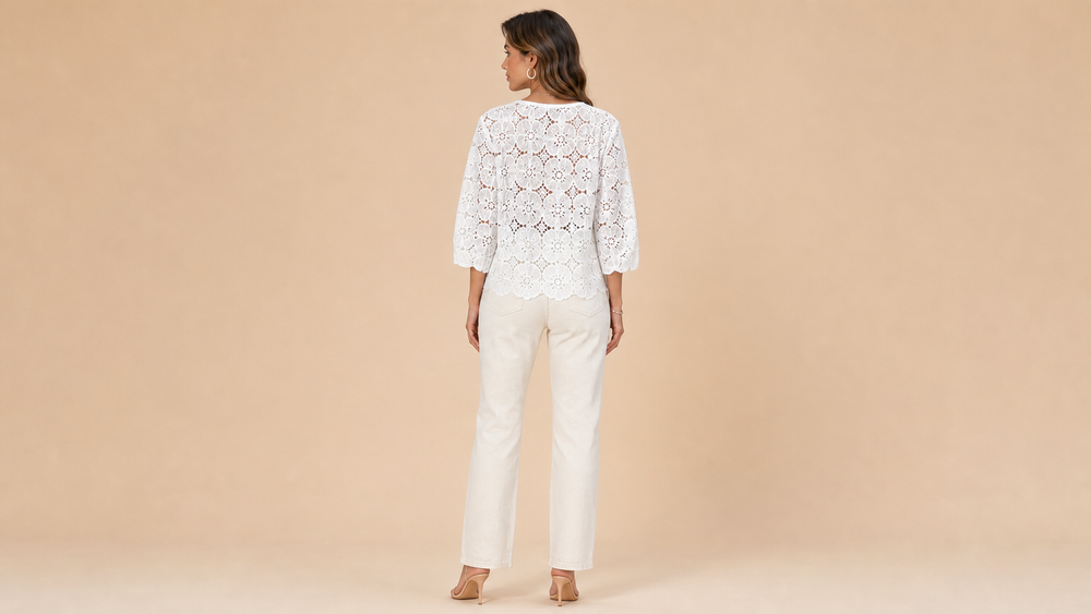White Floral Eyelet Round Neck Shirt Back View