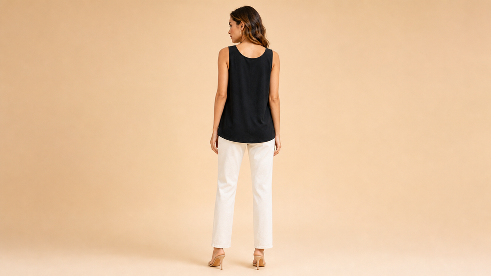 Black Sleeveless Round Neck Loose Tank Top Back View