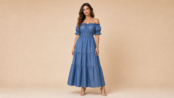 Blue Off Shoulder Smocked Layered Maxi Dress Front View