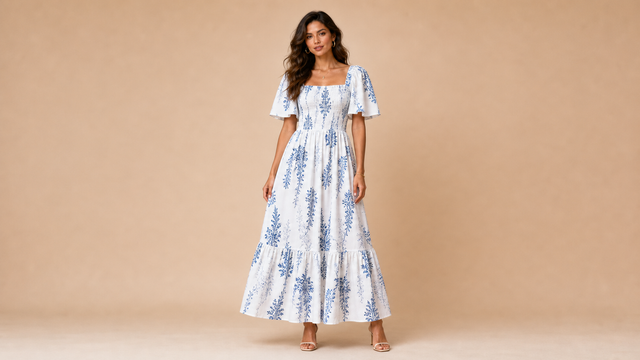 White Blue Floral Square Neck Maxi Dress Front View