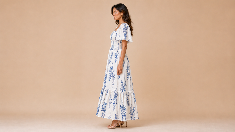 White Blue Floral Square Neck Maxi Dress Side View