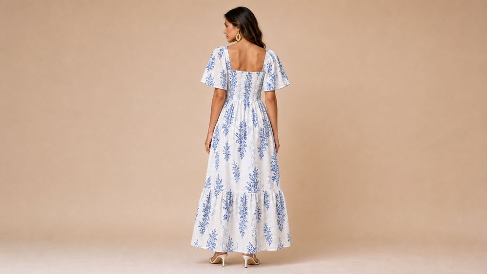 White Blue Floral Square Neck Maxi Dress Back View