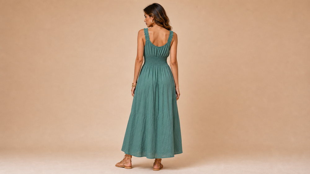 Green Sleeveless Elastic Waist Maxi Dress Back View