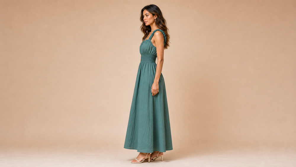 Green Sleeveless Elastic Waist Maxi Dress Side View
