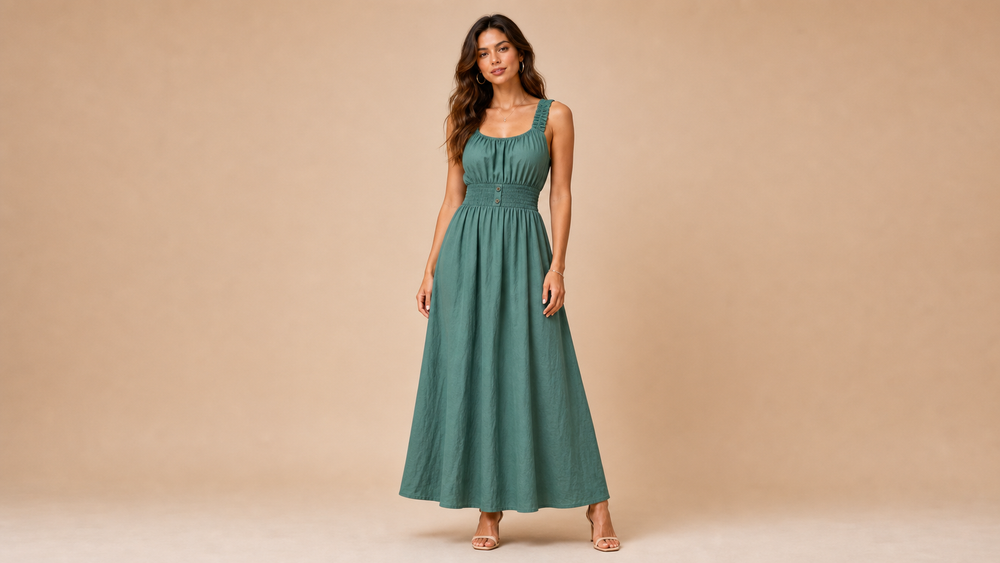 Green Sleeveless Elastic Waist Maxi Dress Front View