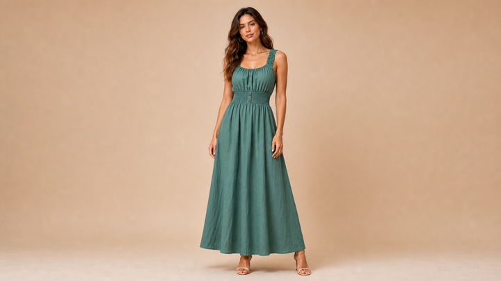 Green Sleeveless Elastic Waist Maxi Dress Front View
