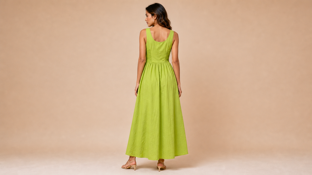 Neon Green Tie Elastic Waist Maxi Dress Back View