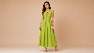Neon Green Tie Elastic Waist Maxi Dress Front View