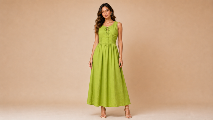 Neon Green Tie Elastic Waist Maxi Dress Front View