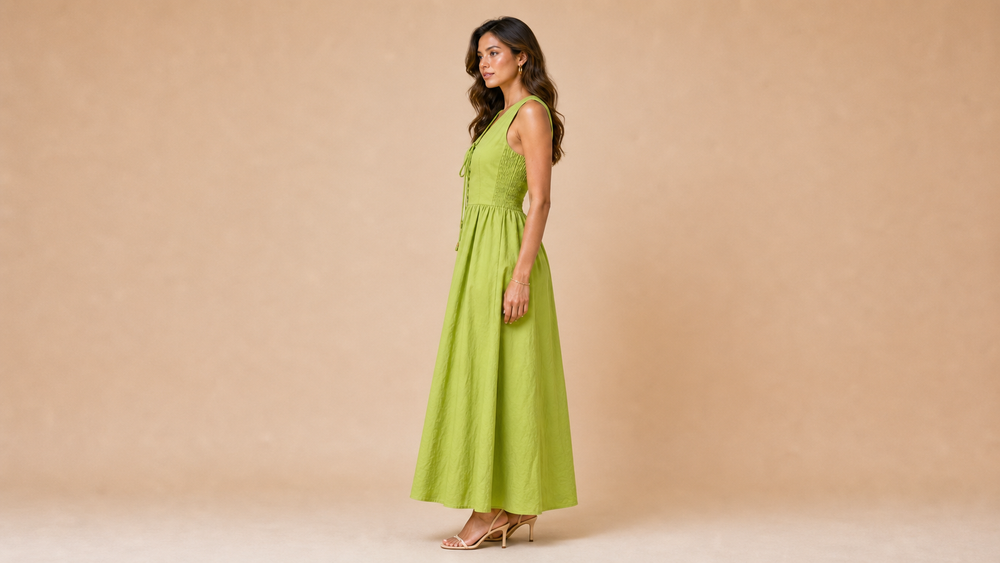 Neon Green Tie Elastic Waist Maxi Dress Side View