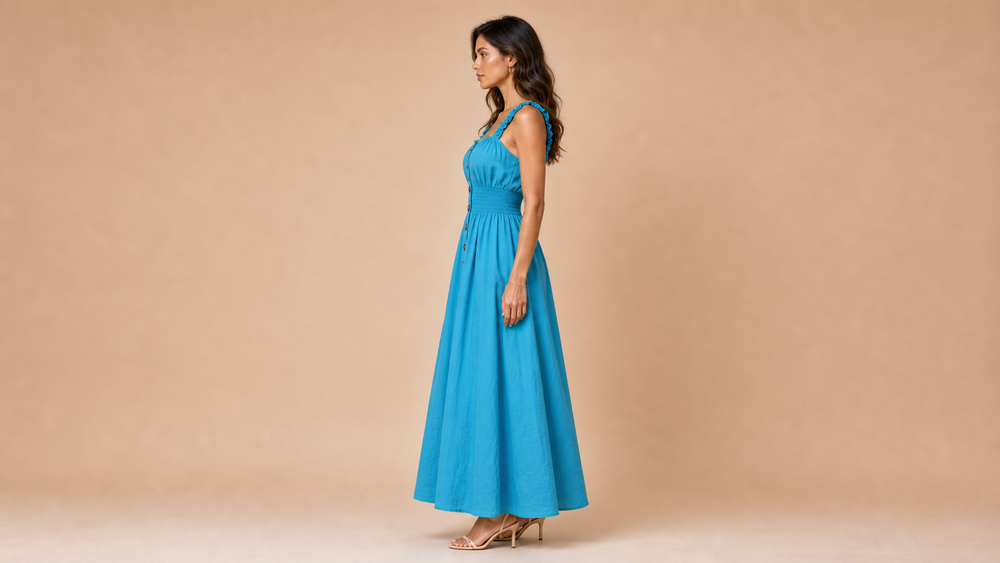 Blue Green Button Elastic Waist Maxi Dress Side View