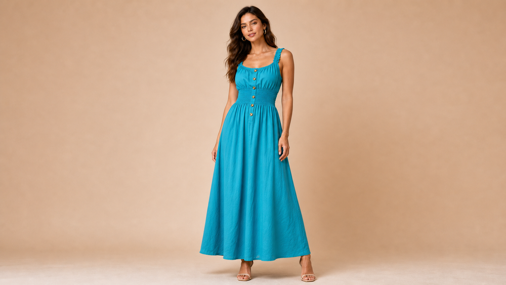 Blue Green Button Elastic Waist Maxi Dress Front View