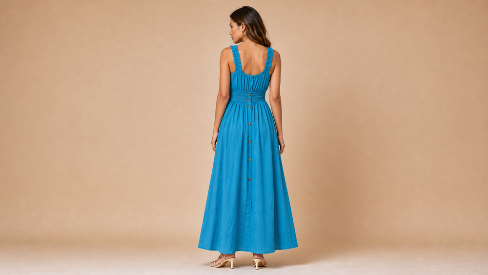 Blue Green Button Elastic Waist Maxi Dress Back View