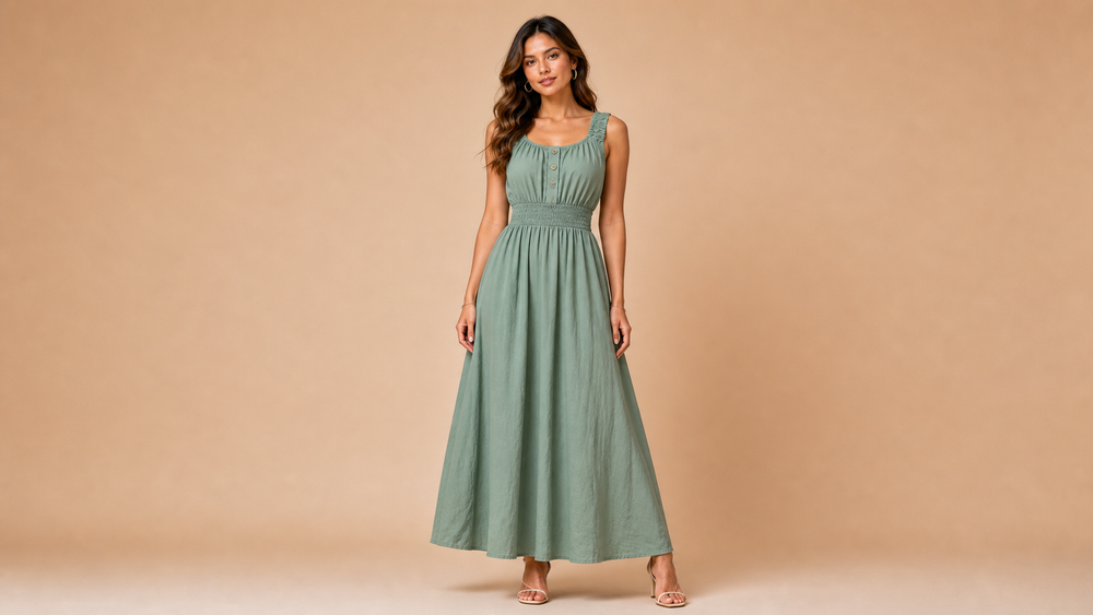 Grey Green Button Elastic Waist Maxi Dress Front View