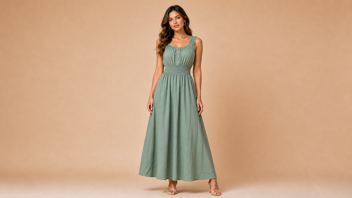 Grey Green Button Elastic Waist Maxi Dress Front View