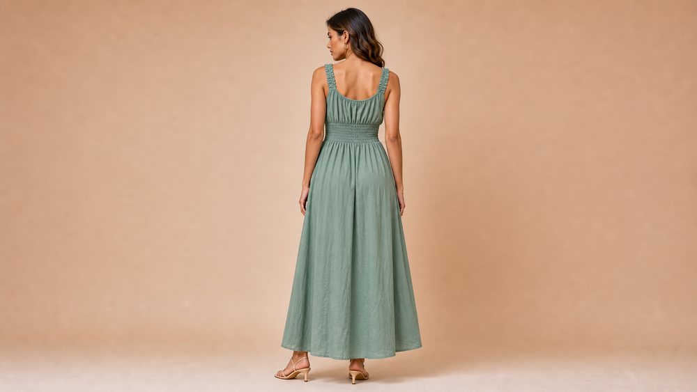 Grey Green Button Elastic Waist Maxi Dress Back View