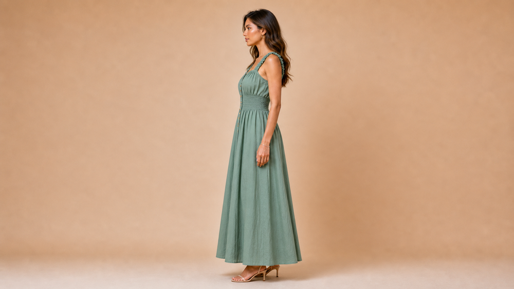 Grey Green Button Elastic Waist Maxi Dress Side View