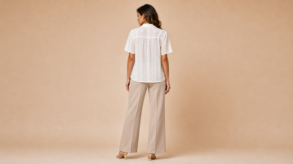 White Eyelet Embroidered Short Sleeve Shirt Back View