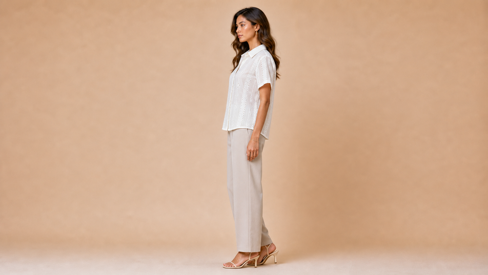 White Eyelet Embroidered Short Sleeve Shirt Side View