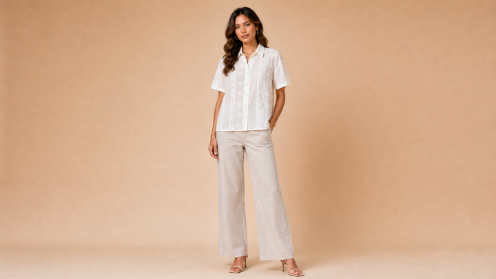White Eyelet Embroidered Short Sleeve Shirt Front View