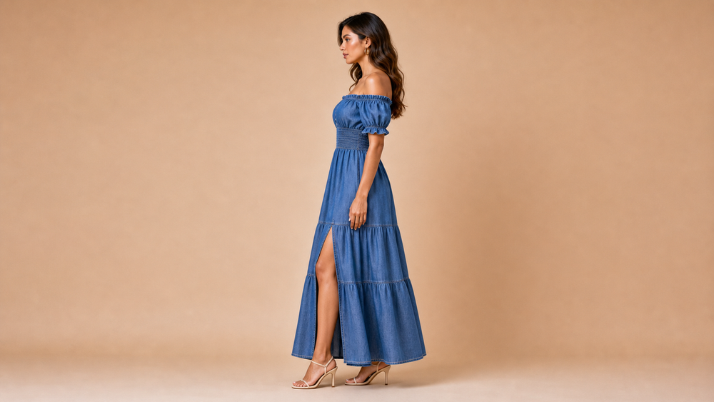 Denim Blue Off Shoulder Slit Maxi Dress Side View
