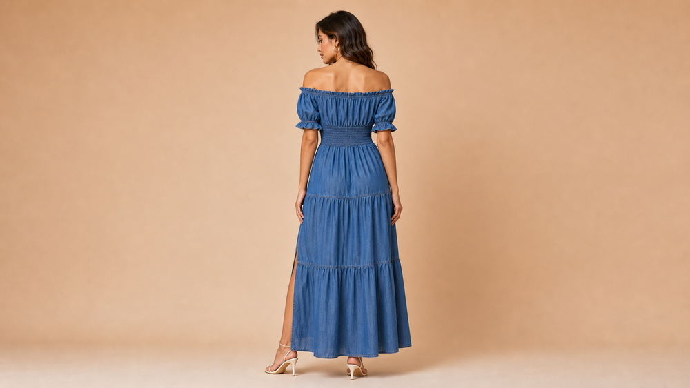 Denim Blue Off Shoulder Slit Maxi Dress Back View