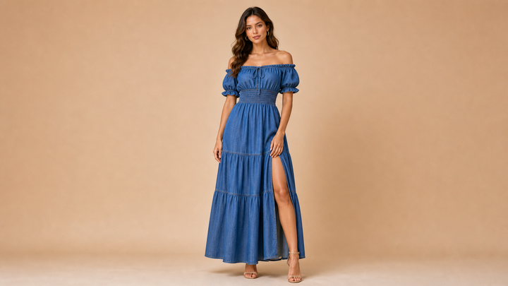 Denim Blue Off Shoulder Slit Maxi Dress Front View
