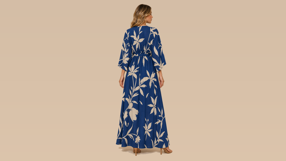 Navy White Floral V-Neck Button Maxi Dress Back View