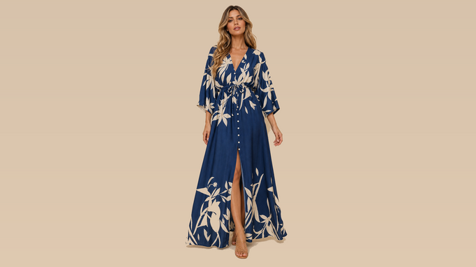 Navy White Floral V-Neck Button Maxi Dress Front View