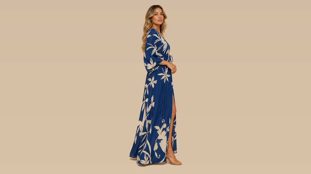 Navy White Floral V-Neck Button Maxi Dress Side View