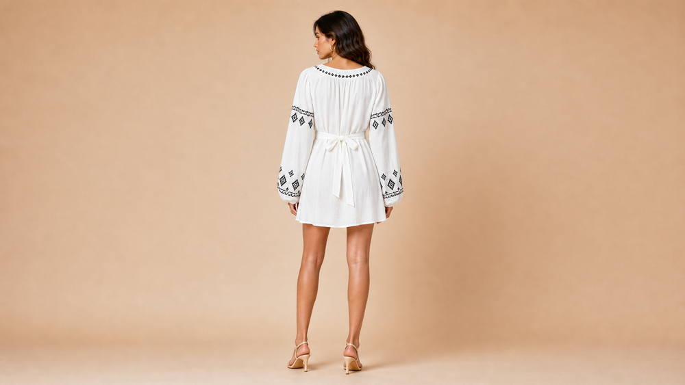 White Black Embroidered Tie Mini Dress Back View