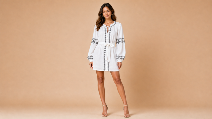 White Black Embroidered Tie Mini Dress Front View