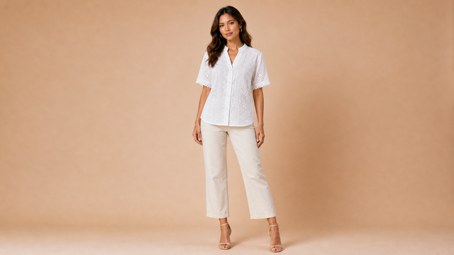 White Eyelet Floral Short Sleeve Shirt Front View