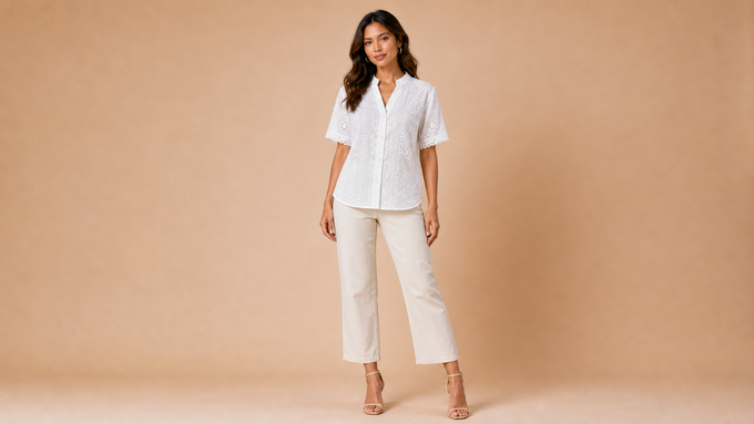 White Eyelet Floral Short Sleeve Shirt Front View