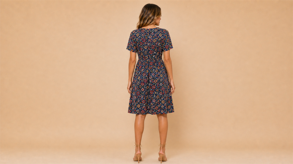 Navy Floral Bohemian V-Neck Short Sleeve Dress Back View
