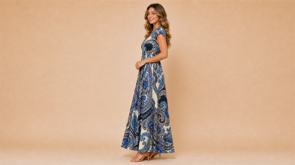 Cream Blue Paisley V-Neck Bohemian Dress Side View